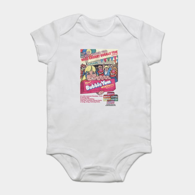 Distressed Vintage Retro 80's Bubble Gum Ad 5 great flavors and sugarless Baby Bodysuit by Joaddo